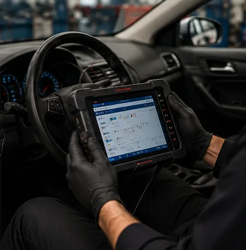 Mechanic using diagnostic equipment on a vehicle