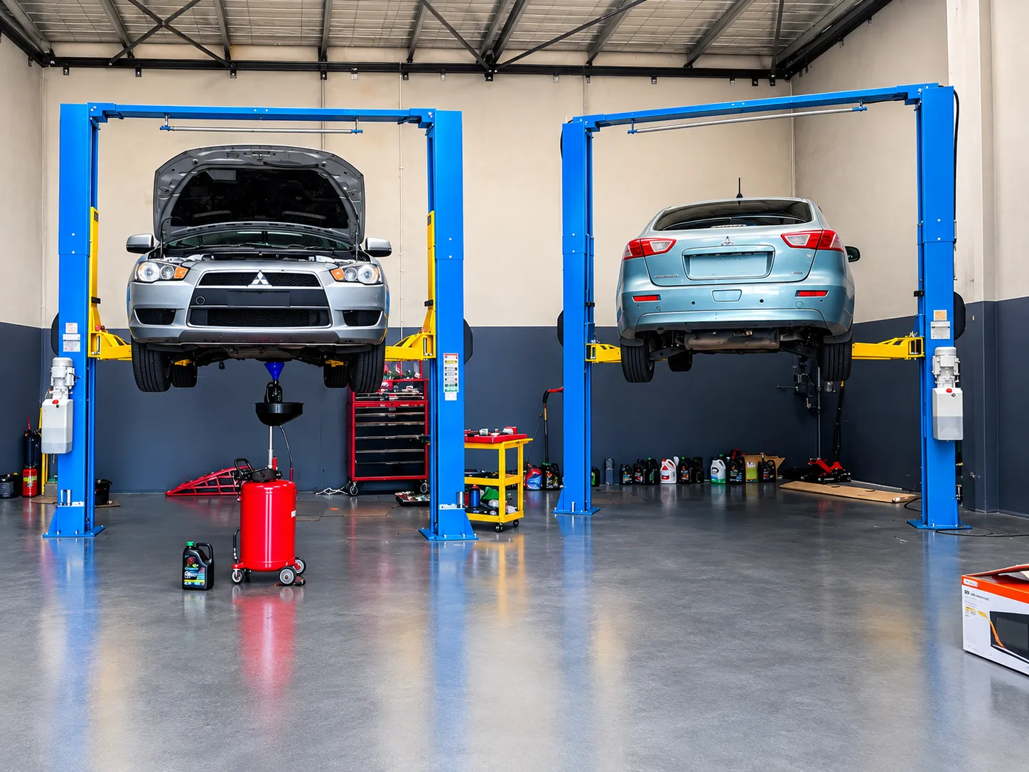 Two mechanics working together in an automotive garage
